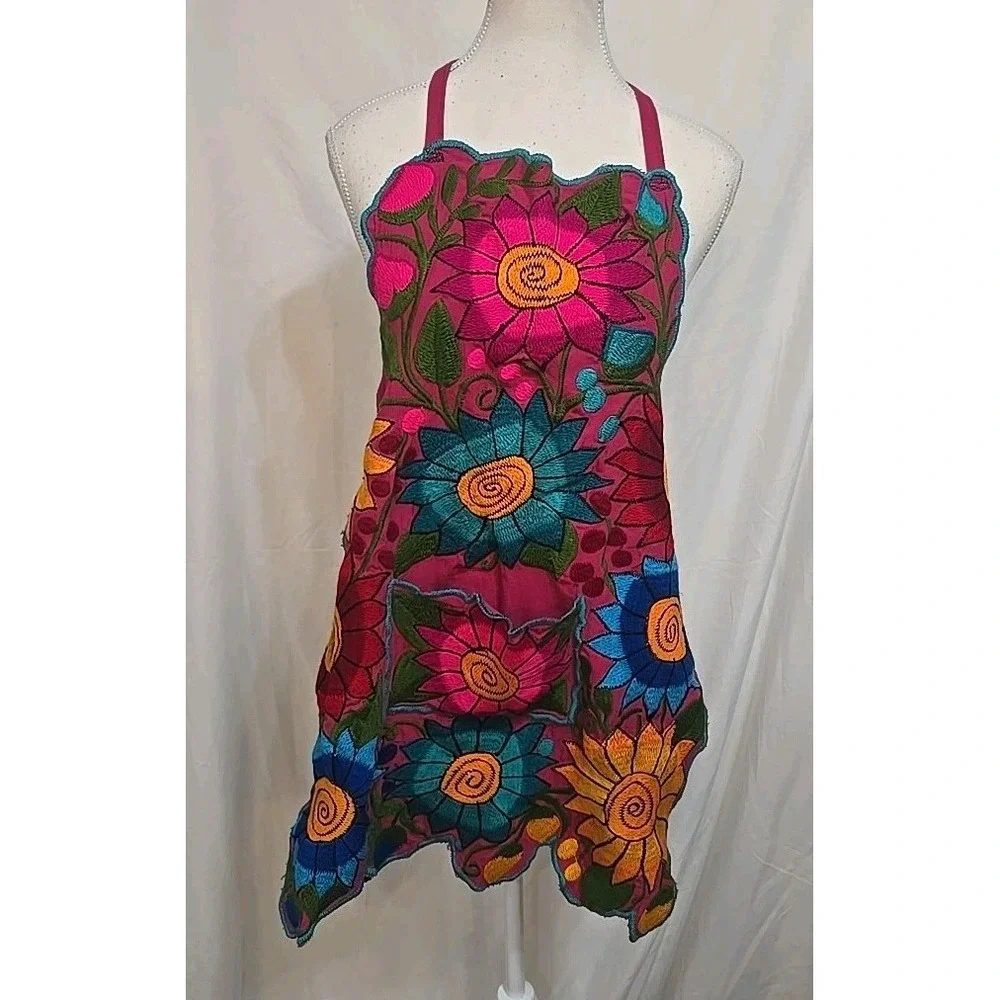 Bright Multicolor Women's Handmade Apron Pink Floral Embroidered Pocket Colorful